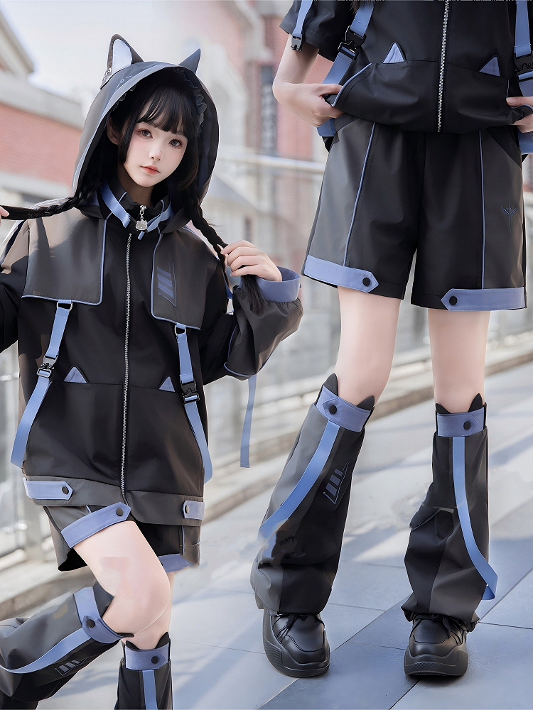Cyber Ears Warmers Cuffs Neko Kitty Blue with Black and Leg