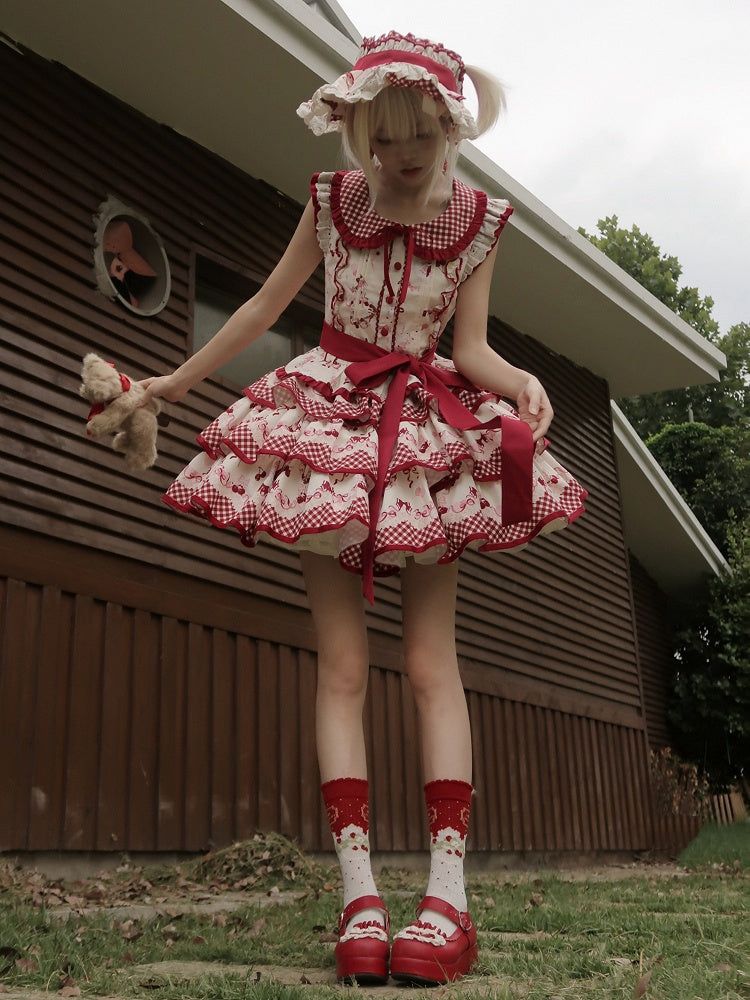 レッドギンガムチェックのピーターパンカラートップスとチェリー柄のティアードスカートセット