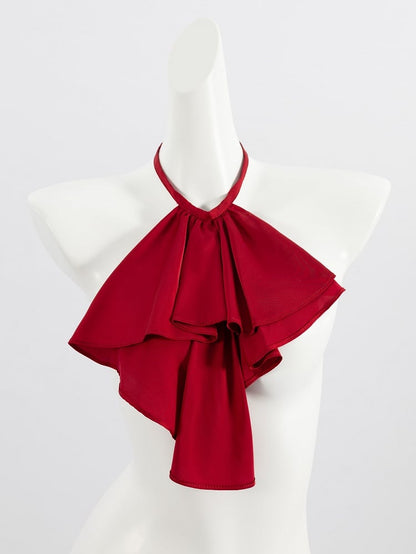 Red Pleated Shirt with Foldover Collar, Ruffle Cuffs, and Jabot Tie - DevilInspired Exclusive Collection