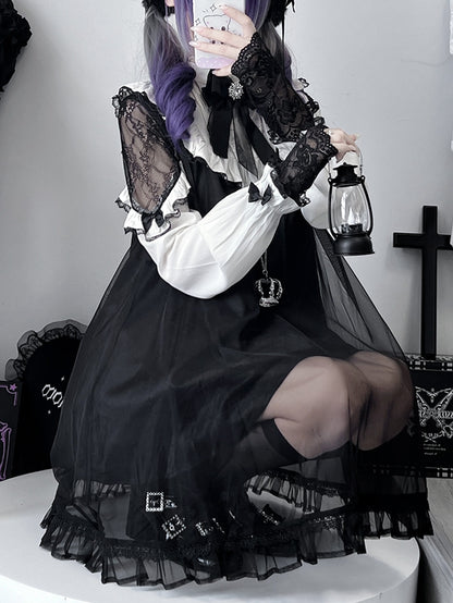 ジライケイ ブラック レースパッチ ショルダー メッシュオーバーレイ ロングスリーブ ドレス