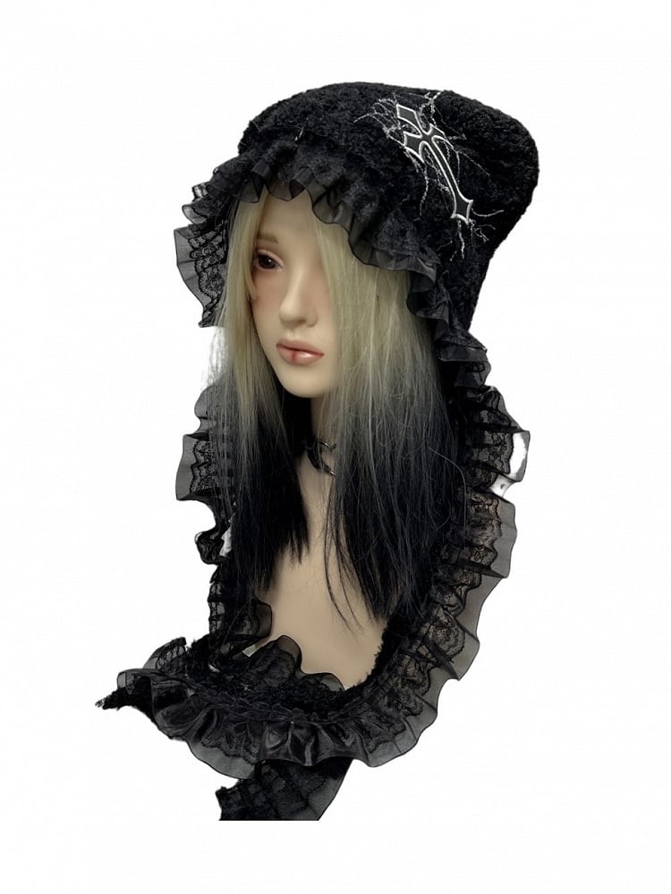 Knit Trim Punk Patch Cross Black with Lace Beanie Y2K