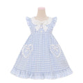 Blue Pockets Heart-shaped Sweet Dress Bowknots Plaid Flutter Sleeves Light