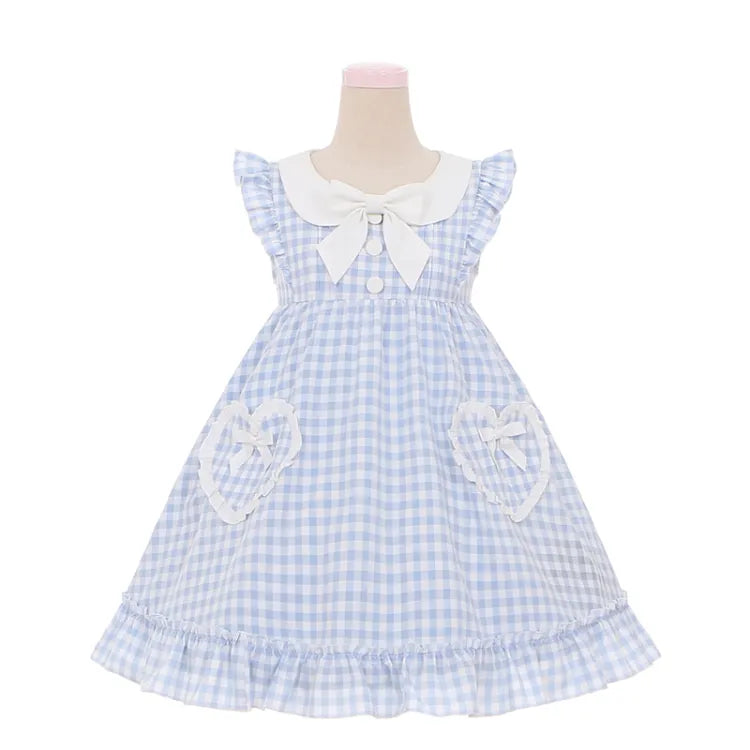 Blaue Taschen Herzförmiges süßes Kleid Bowknots Plaid Flatterärmel Licht