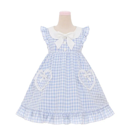 Blaue Taschen Herzförmiges süßes Kleid Bowknots Plaid Flatterärmel Licht