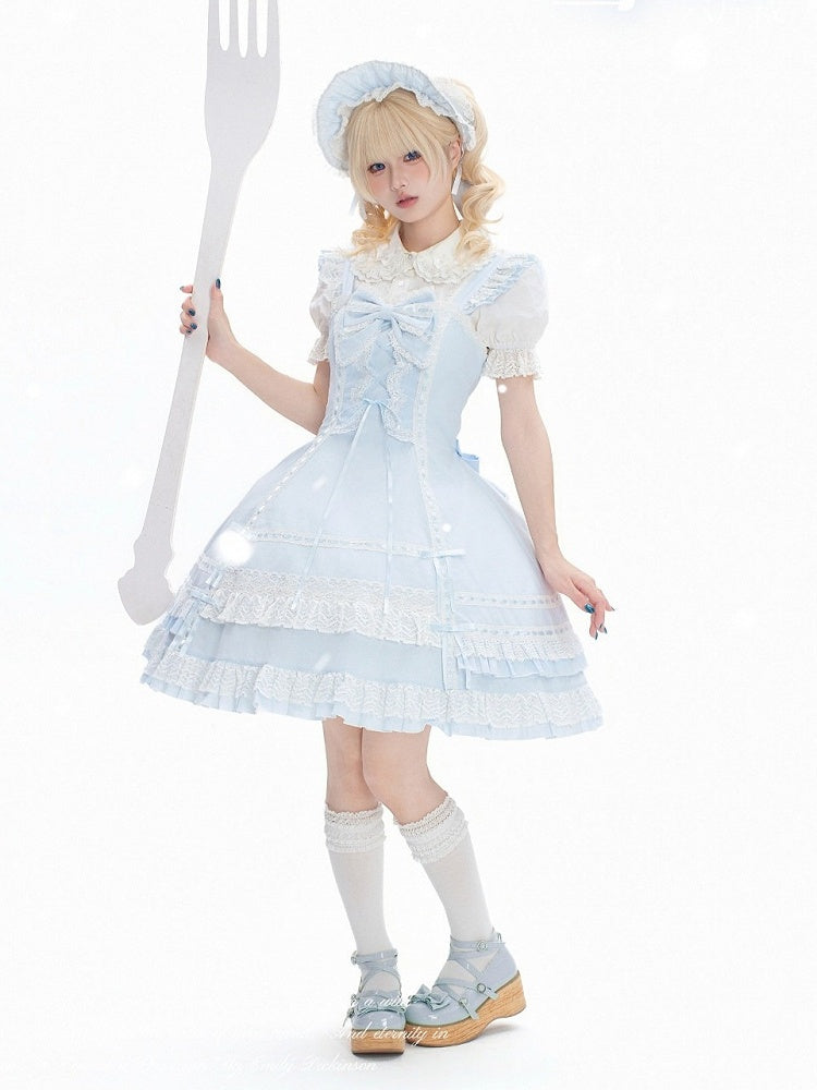 Snowfall-Themed Blue Cotton JSK Dress with Vintage Ruffle Accents
