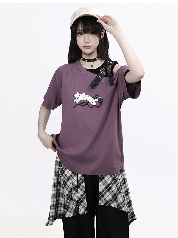 Dusty Purple Off-Shoulder Tee with Leopard Print and Buckle Accent - PINK SAVIOR