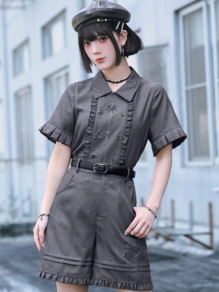 Gray Double-Breasted Short Sleeve Top with Embroidery & Ruffles - Quirky Hut