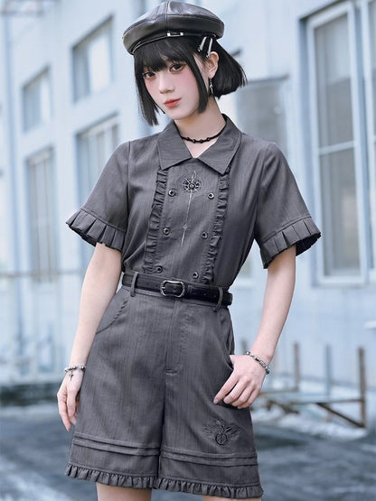 Gray Double-Breasted Short Sleeve Top with Embroidery & Ruffles - Quirky Hut
