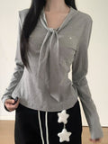 Waist-Cinching with Sleeve Long White/Gray Tie-Neck Top
