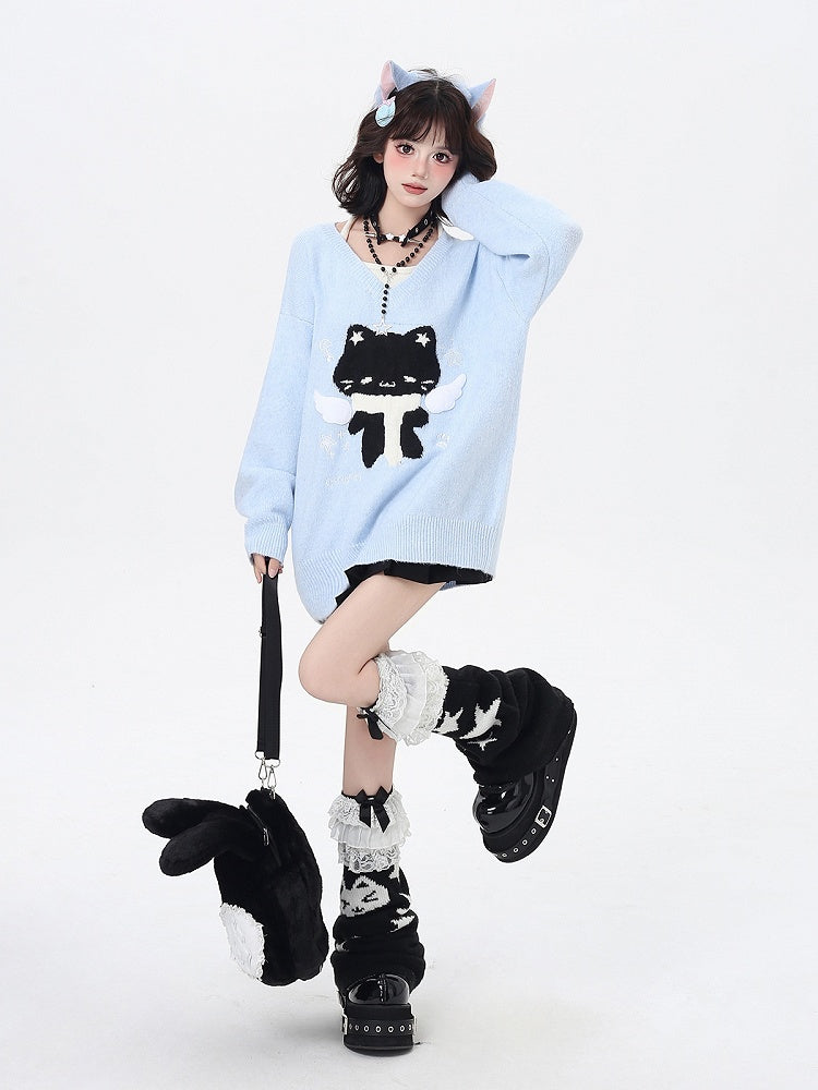 V-Neck Faux Two-Piece Sweater with Scarfed Angel Cat Pattern Blue/Gray