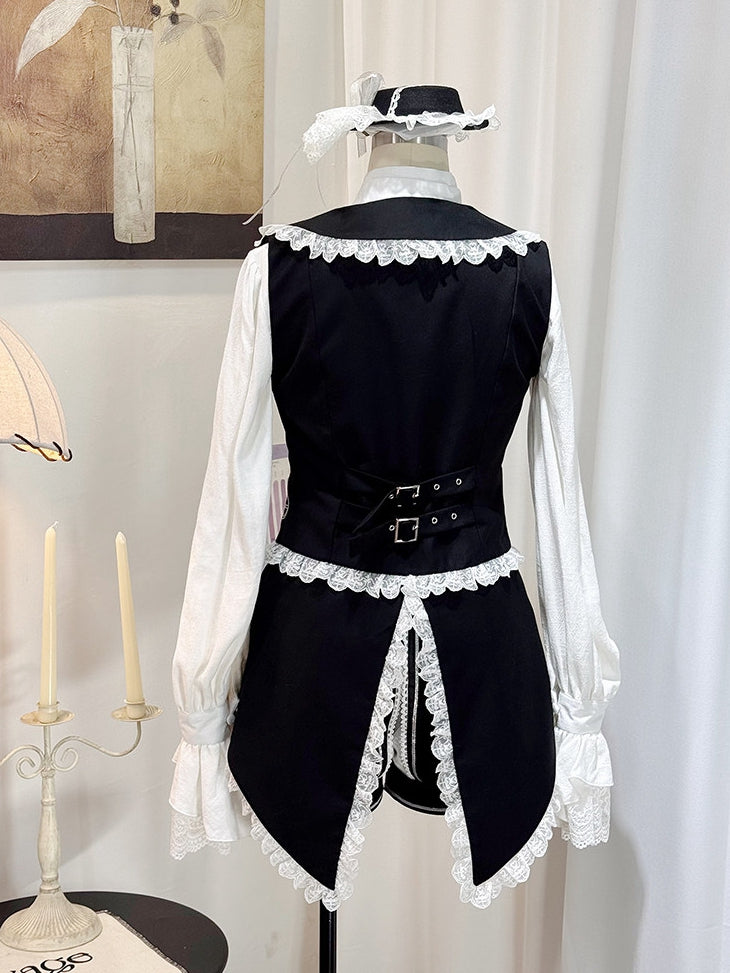 Black Tailcoat Waistcoat with White Lace Trims - Castle Too