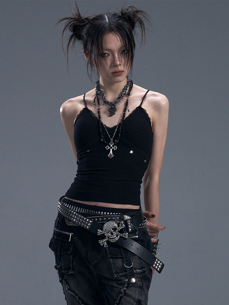 Black Punk Knit Crop Cami Top with Lace  Studs