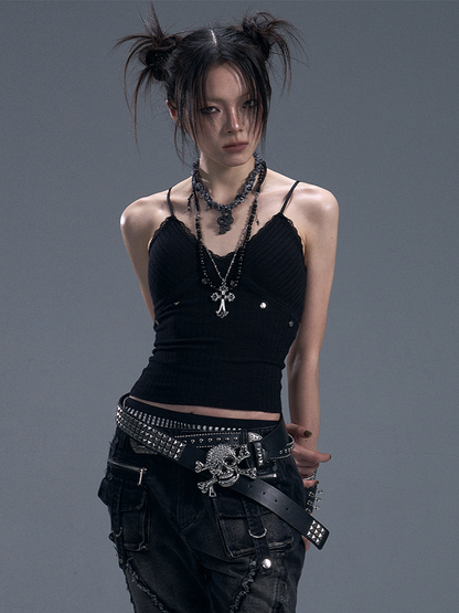 Black Punk Knit Crop Cami Top with Lace  Studs