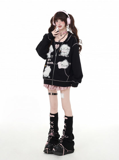 Puppy Embroidery Applique Black/Light Blue Plush Zip Closure Hoodie