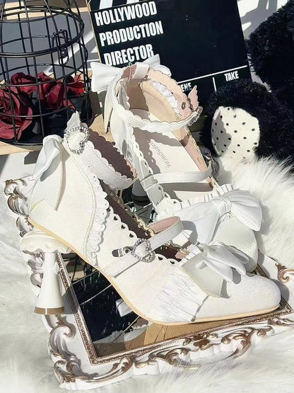 Sophisticated Pumps Bow - Heel with White Details Accents Design Lolita Shaped Ruffle Uniquely