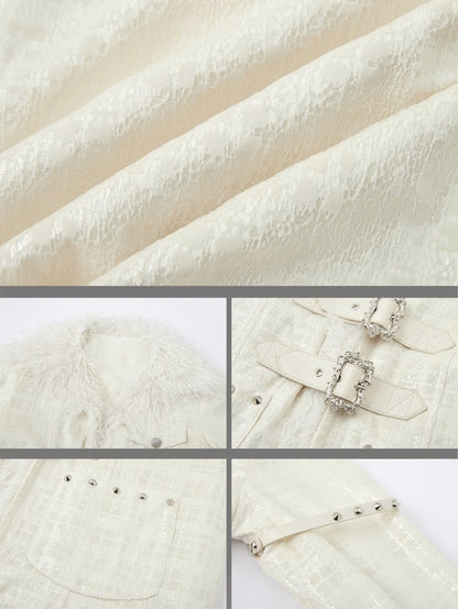 Milchweißer Punk-Wintermantel mit silbernen Schnallen und Nieten