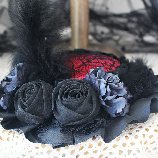 Black Rosette Feather Lace Trim  Hat With Veil