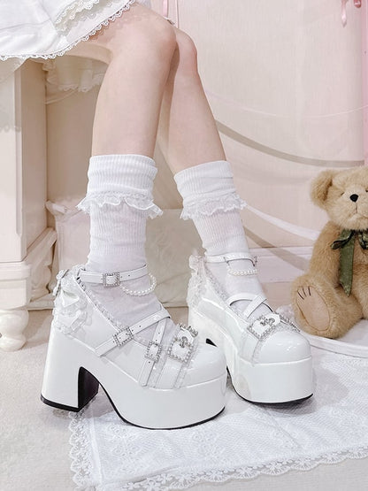 Jirai Shoes Platform Beads Accent White Bow Ruffled Buckles at Kei Top Lace High-heel