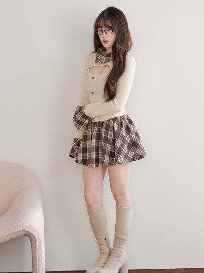 Cutout Kei Knit Plaid Apricot Paneled Jirai Dress Design