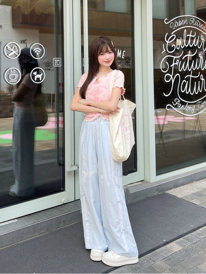 Version Regular/Short Blau Weite Beinhose Bowknot Stickerei Hohe Taille