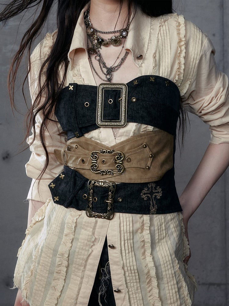 Punk Rococo Yellow Three-Strap Cross Metal Buckles with Black Embroidery Bustier