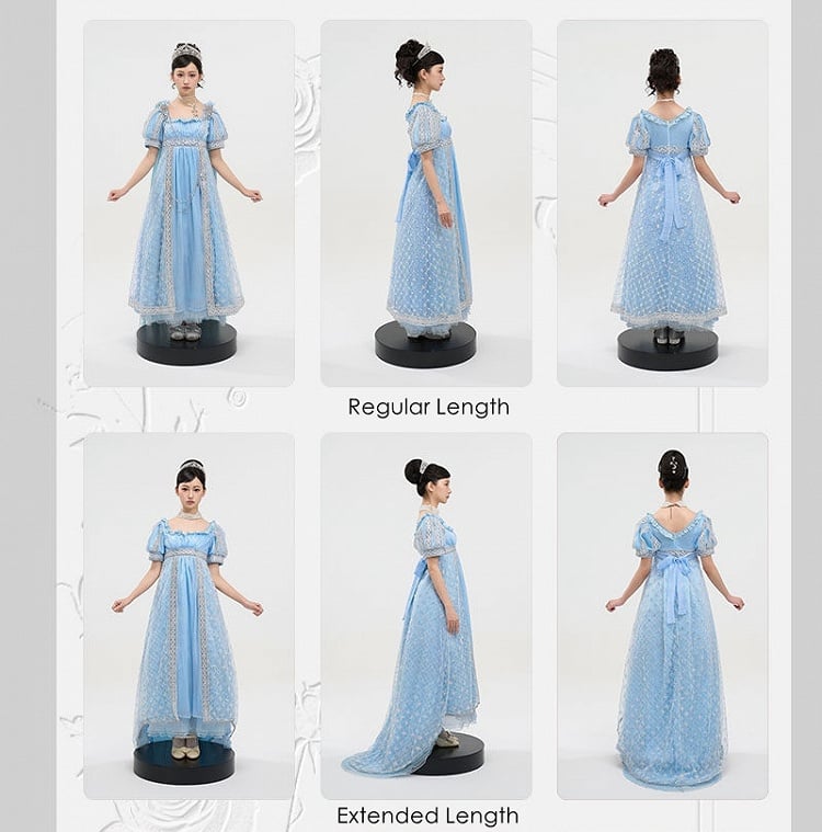 Maxi Lolita Dress Shimmering Rhinestone Blue Details and Sequin Elegant with Waist Empire