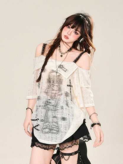 Ausschnitt Anime Girl Print Halbtransparentes Spitzen-T-Shirt Weiß Off-the-Shoulder
