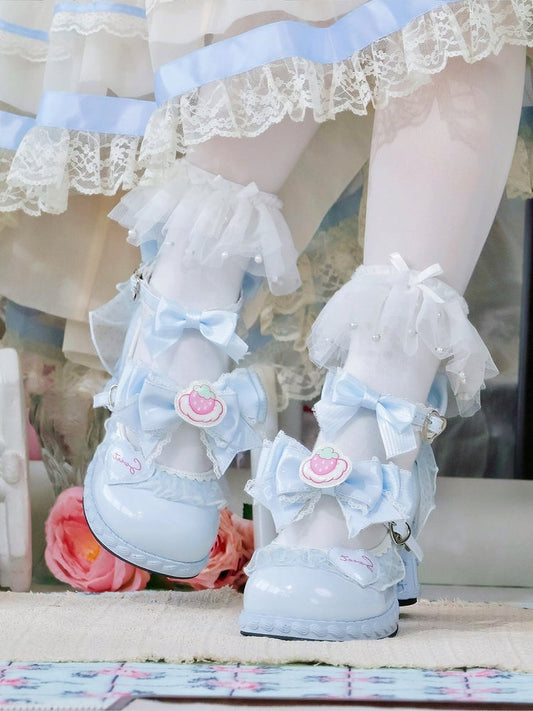 7.5CM Blue Kawaii Heart & Bowknot Decor Heels Lolita Shoes with Strawberry Print - Cute Bunny