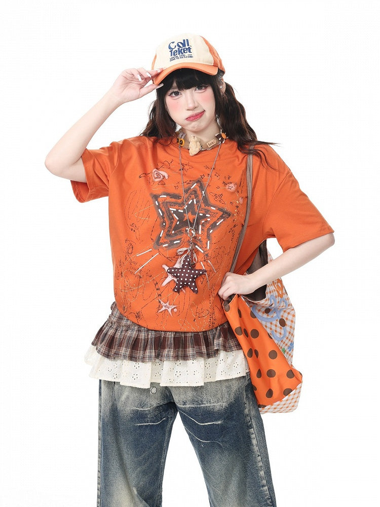 Orange Vintage Crew Neck Tee with Star Print - Languid Park