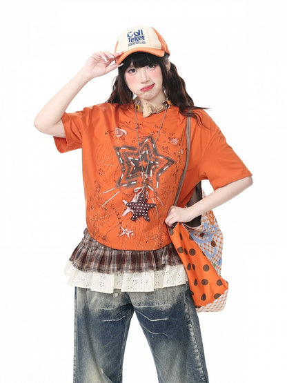 Orange Vintage Crew Neck Tee with Star Print - Languid Park