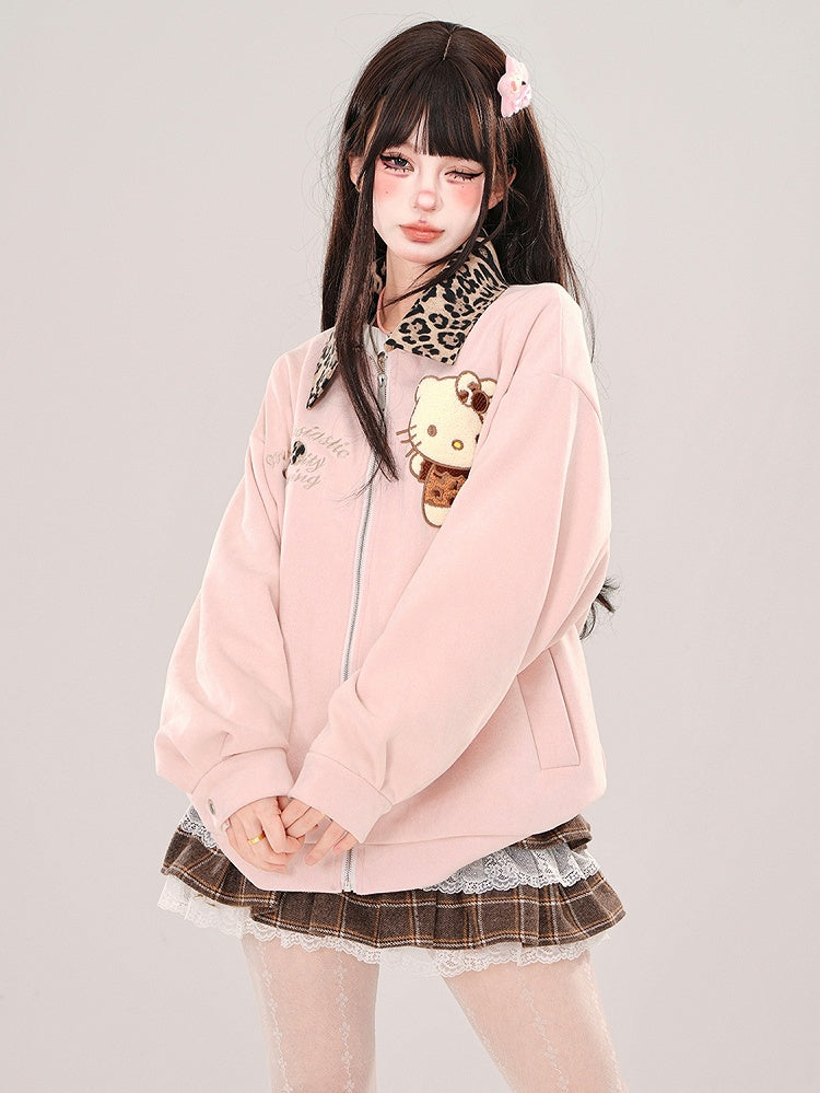 Pink Kitty Baseballjacke mit Leopardenkragen