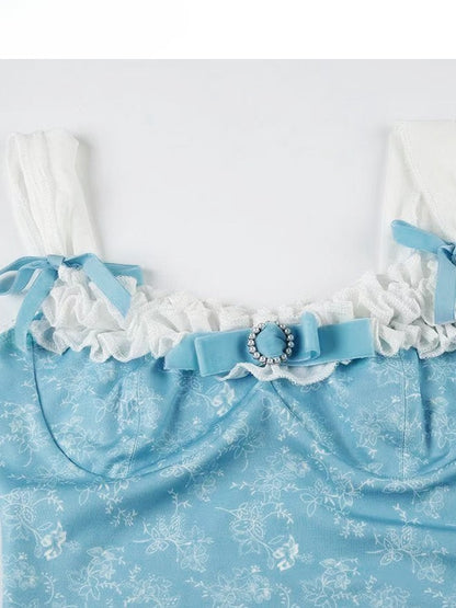 Top Holiday Trim Floral Bowknot + Details Cami Ruffles Blue