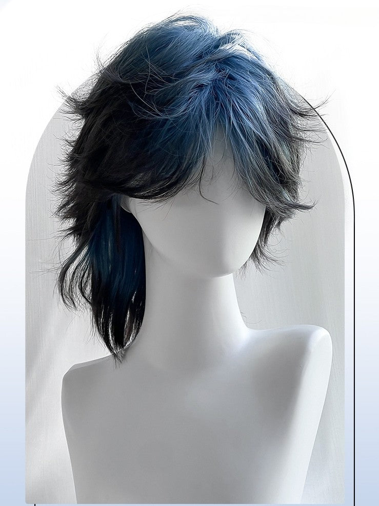 青の前髪とストレートの長さ、ウィッグ付き、黒のハイライト、38cmの王子スタイル