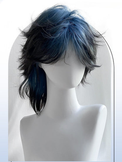 青の前髪とストレートの長さ、ウィッグ付き、黒のハイライト、38cmの王子スタイル