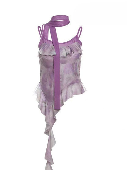 Lila Saum Asymmetrische Rüschen Top Design Dye + Tie Cami Schal Y2K Trim