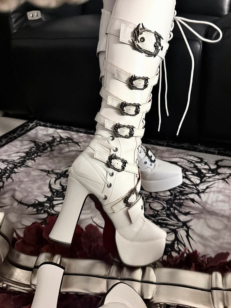White Pointed-Toe Gothic Knight Boots with 11CM Chunky Heel & Thick Sole - sphenoid