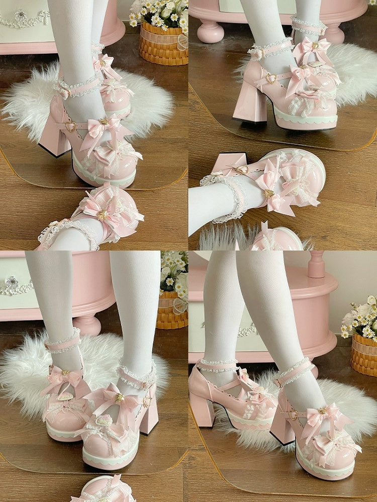 Accents Lolita Decor Pink Decorative Heart Heel Snap in Bow Sweet PU Strawberry Janes Block High Mary