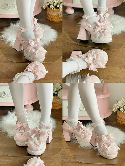 Accents Lolita Decor Pink Decorative Heart Heel Snap in Bow Sweet PU Strawberry Janes Block High Mary