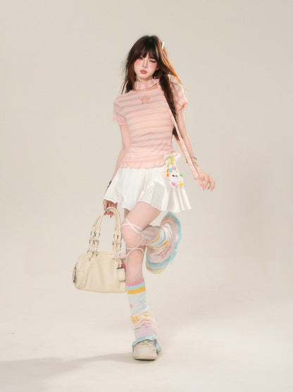 Scarf Star-shaped Cutout Pink Stripes Detail Glamorous T-Shirt with Free