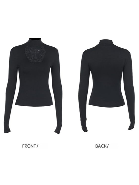 Top Cross Gothic Applique Long with Cutout Tulle Hexagon Halloween Charm Sleeve Black