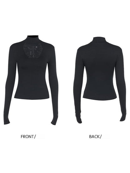 Top Cross Gothic Applique Long with Cutout Tulle Hexagon Halloween Charm Sleeve Black