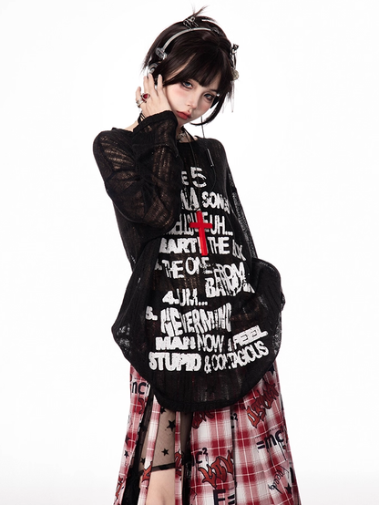 Semi-sheer Coverup Round Neck Vintage Letter Print Black/Apricot