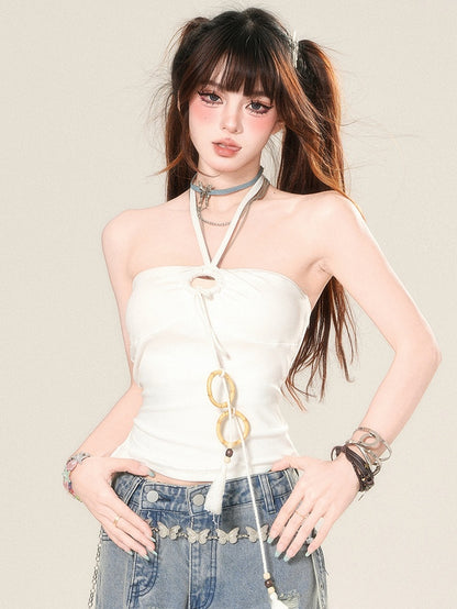 ストラップネックタッセルトップホワイトホルターグラマラス