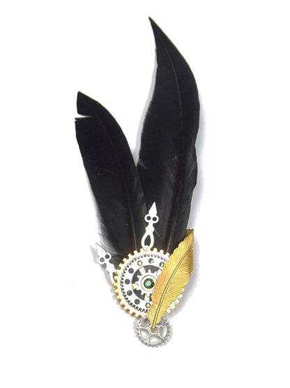 Brooch Decorated Black Gear Steampunk Rhinestone Feather Design Green