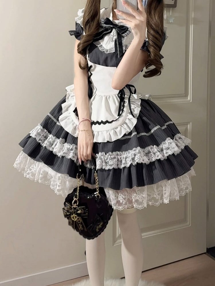 Gray Striped Lace OP Dress with Apron - Delusions Studio