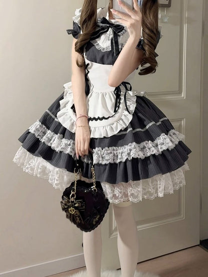 Gray Striped Lace OP Dress with Apron - Delusions Studio