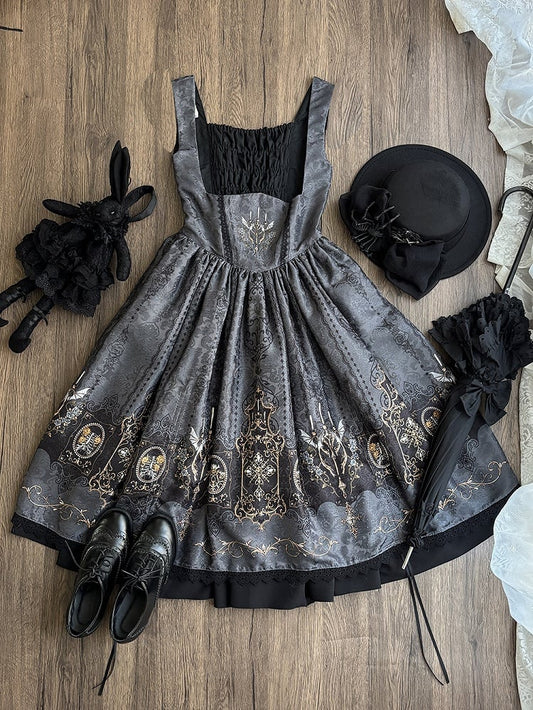 Gray Candelabras Wings Dress Bat Lolita JSK Print Drawstring Gothic