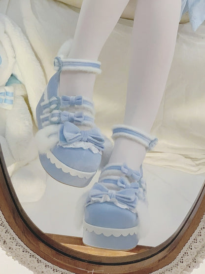 Cute Bunny Buckle Lining Shoes Mary Rabbit Jane Sweet - Details in Blue Platform with Circle Plush Lolita