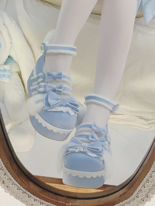 Cute Bunny Buckle Lining Shoes Mary Rabbit Jane Sweet - Details in Blue Platform with Circle Plush Lolita
