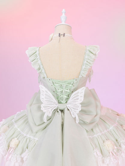 Fairy Light Green Boned Corset Waist Dress - Princess Lolita Jumper Skirt with Flowers - DevilInspired Exclusive Collection